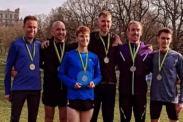 The North East's winning Men's team, with Morpeth Harriers' Carl Avery, second left, Will Cork, far right, and race winner Calum Johnson of Gateshead, second right. Picture: Morpeth Harriers.