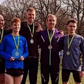 The North East's winning Men's team, with Morpeth Harriers' Carl Avery, second left, Will Cork, far right, and race winner Calum Johnson of Gateshead, second right. Picture: Morpeth Harriers.