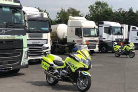 Police motorbikes and HGVs during the recent operation to check that vehicles were transporting dangerous goods safely and legally.