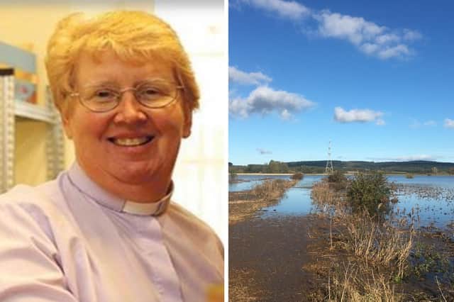 Rev Kim Hurst and a picture of flooded fields at Ewart, near Wooler, by Alan Hughes.
