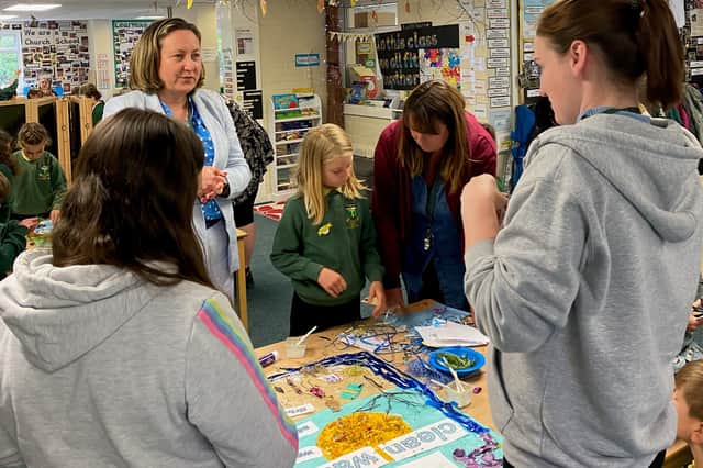 MP Anne-Marie Trevelyan chats to pupils at Lowick and Holy Island First School about the work they have done on climate change.