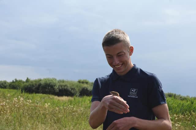 Joe Ireland, a Catch My Drift trainee, holds a harvest mouse. Picture: Sophie Webster