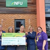 Agents from NFU Mutual Alnwick presenting the cheque to HospiceCare North Northumberland. L-R Doreen Davidson, Deputy Head of Care, HospiceCare, Tania Conway, Miriam McGregor, Jane Potts NFU Mutual Alnwick, Emma Arthur Fundraising Manager, HospiceCare.