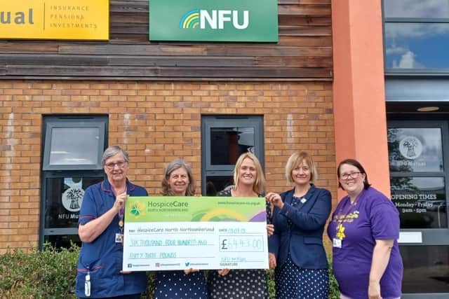 Agents from NFU Mutual Alnwick presenting the cheque to HospiceCare North Northumberland. L-R Doreen Davidson, Deputy Head of Care, HospiceCare, Tania Conway, Miriam McGregor, Jane Potts NFU Mutual Alnwick, Emma Arthur Fundraising Manager, HospiceCare.