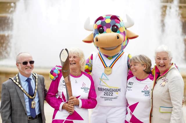 Queen’s Baton Relay group in Alnwick with Perry, official mascot of the 2022 Commonwealth Games in Birmingham. Picture from Northumberland County Council.