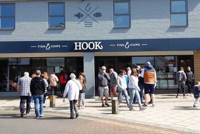 Queues at Hook fish and chip shop in Seahouses.