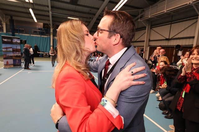 Labour candidate Kim McGuinness celebrates her election win with a kiss from husband David Prutton. (Photo by Raoul Dixon/NNP)