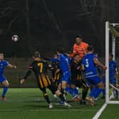 Goalmouth action from the game between Morpeth Town and Marine. The Marine goalkeeper suffered a serious injury during the match. Picture: George Davidson.