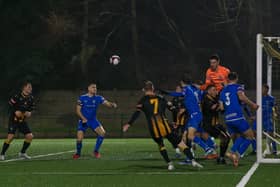 Goalmouth action from the game between Morpeth Town and Marine. The Marine goalkeeper suffered a serious injury during the match. Picture: George Davidson.