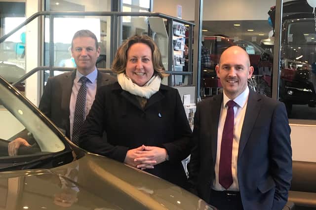Anne-Marie Trevelyan MP with David Storey and Brian Baxter of Tustain Motors.