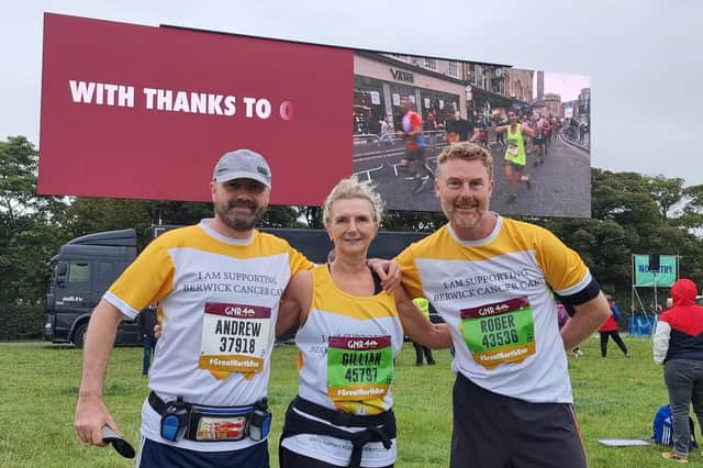 Runners from Berwick and District Cancer Support Group: Andrew Smith, Gillian Mitchell and Roger Peaple. Picture by Nikki Robertson.