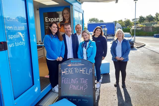 Guy Opperman MP, Coun Christine Caisley and Barclays representatives outside the Barclays Van in Ponteland last September.