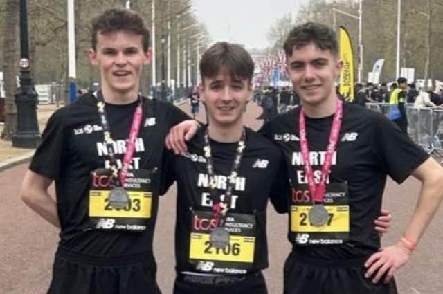 Morpeth Harriers Bertie Marr, Liam Roche and Will Devere-Owen in London. Picture: Morpeth Harriers