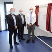 Blyth Valley MP Ian Levy (right) officially opens the Northumbria Sterile Processing Centre healthcare facility joined by (l-r) Tony Wells CEO of Merit, Morris Muter of Dysart Developments, and Sir James Mackey Chief Executive of Northumbria Healthcare.