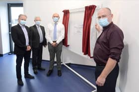 Blyth Valley MP Ian Levy (right) officially opens the Northumbria Sterile Processing Centre healthcare facility joined by (l-r) Tony Wells CEO of Merit, Morris Muter of Dysart Developments, and Sir James Mackey Chief Executive of Northumbria Healthcare.