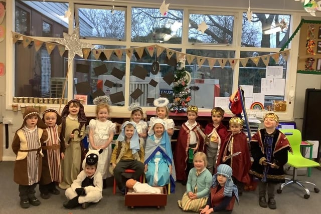 The EYFS class at Whittingham are pictured in costume ready to perform 'Nursery Rhyme Nativity' virtually.