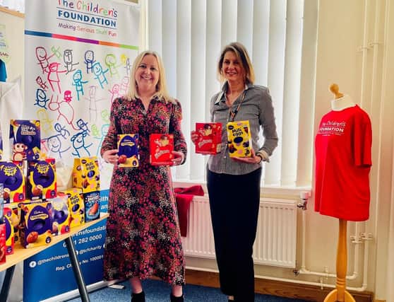 RWO’s Emma Gibson (left) and Susan Jones, fundraising manager at The Children’s Foundation, with some of the eggs.