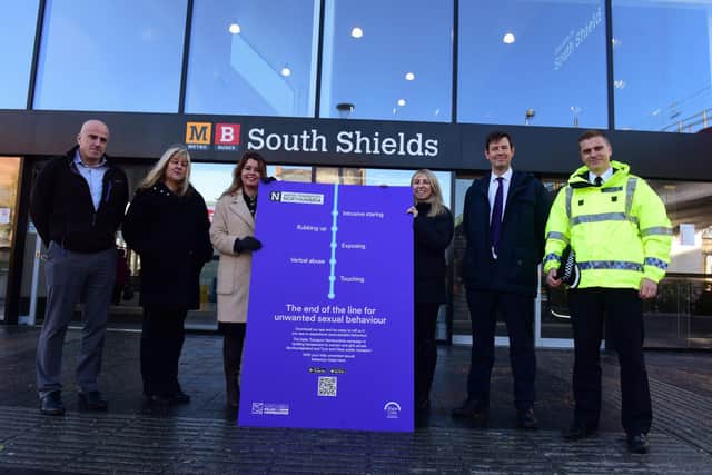 From left: Steve Walker of Stagecoach, Sue Pearce from Rape Crisis, Police and Crime Commissioner Kim McGuinness, Helen Redford of Arriva, Tobin Hughes of Nexus, and Supt. Barrie Joisce of Northumbria Police.