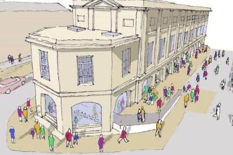 A sketch view of the Northumberland Hall looking west showing a potential new entrance and new glazing. Image: Mosedale Gillatt Architects 2022