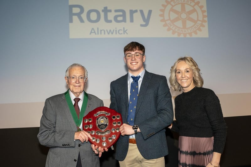 The Junior Achievement Award was won by Cameron Cullen who is seen with John Humphries from sponsors Alnwick Rotary Club.