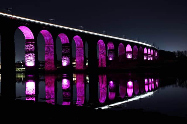 The Royal Border Bridge in Berwick, Northumberland, is being illuminated purple by the Office for National Statistics to mark Census Day 2021 on Sunday March 21. Picture: Owen Humphreys/PA Wire.