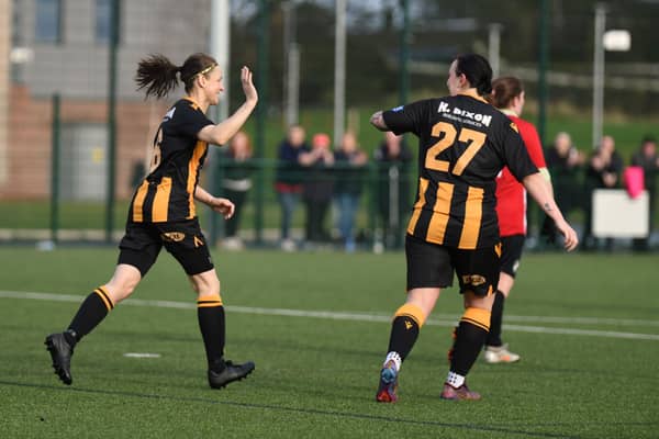 Kirstie Tang is congratulated after scoring against Gosforth Bohemians. Picture: Ian Runciman.