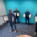 Jimmy Garner (left) and David Hood front with (back from left to right) PC Ed Armstrong, PCSO Neil Humble and PC Ross McKenziethree, who were all awarded Chief Constable Commendations and certificates from the Royal Humane Society in recognition of their life-saving actions.