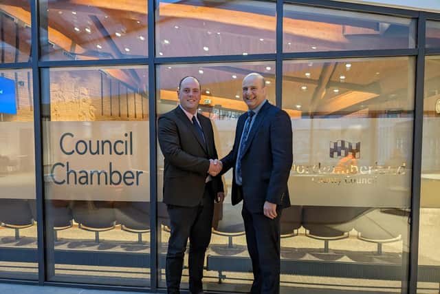 Cllr Guy Renner Thompson with Seaton Valley Federation executive headteacher John Barnes at County Hall in Morpeth. (Photo by Northumberland County Council)
