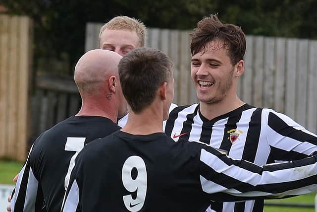Brad McClelland, right, celebrates a goal for Alnwick Town. Picture: Steve Miller