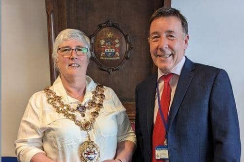 Newly elected Mayor of Blyth Aileen Barrass (left) has taken over from Warren Taylor (right). (Photo by Blyth Town Council)