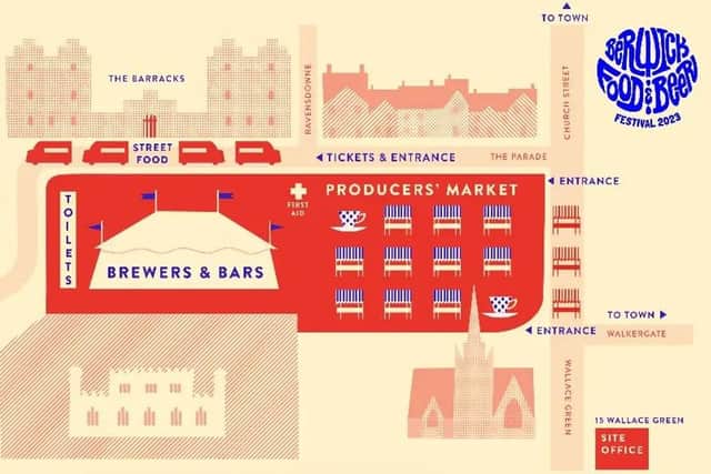 A map of the Berwick Food and Beer Festival 2023 site by Tania Willis. There is also comedy and the 'foodie film exhibit' in the Gymnasium Gallery.