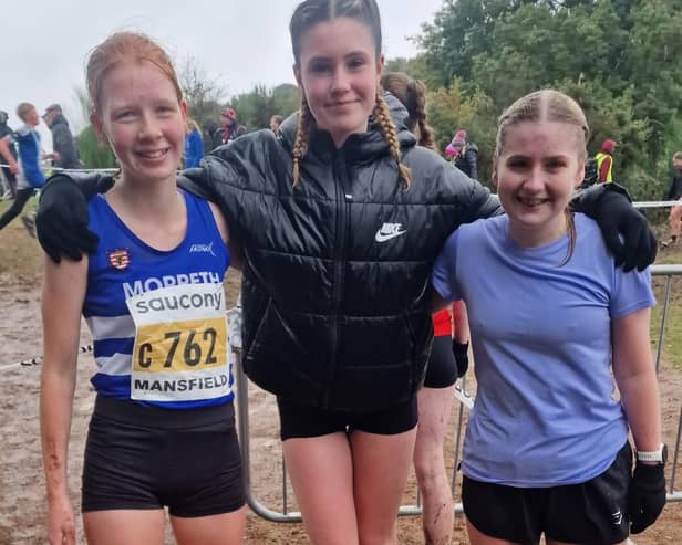 Morpeth Harriers' Under-15 Girls team of Emma Tomlinson, Megan Potrac and Molly Roche came a creditable 64th at the National Relays. Picture: Peter Scaife