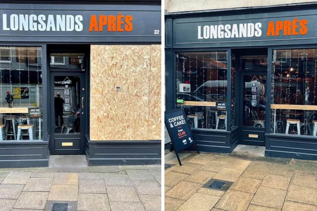 The boarded up window at Longsands Après in Morpeth on Sunday and the window back to normal after being fixed on Monday.