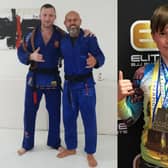 New black belt Rolandas Janavicius with his coach, Thiago Ferriera, and Cody Leighton with his four bronze medals.