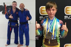 New black belt Rolandas Janavicius with his coach, Thiago Ferriera, and Cody Leighton with his four bronze medals.