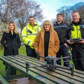 Police and Crime Commissioner Kim McGuinness (left) and Bothal councillor Lynne Grimshaw (right) with Northumbria Police officers and the new drone. (Photo by Northumbria Police and Crime Commissioner's Office)