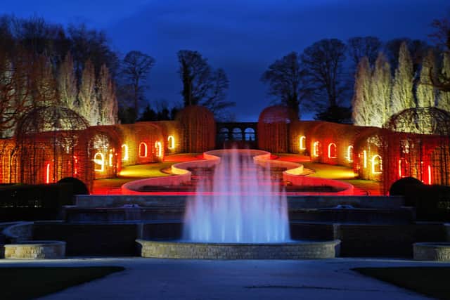 The Alnwick Garden lit in the colours of the Northumberland flag to mark one year since the first Covid-19 lockdown.