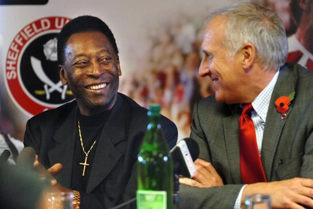 Pele at Bramall Lane, pictured with then-United chairman Kevin McCabe