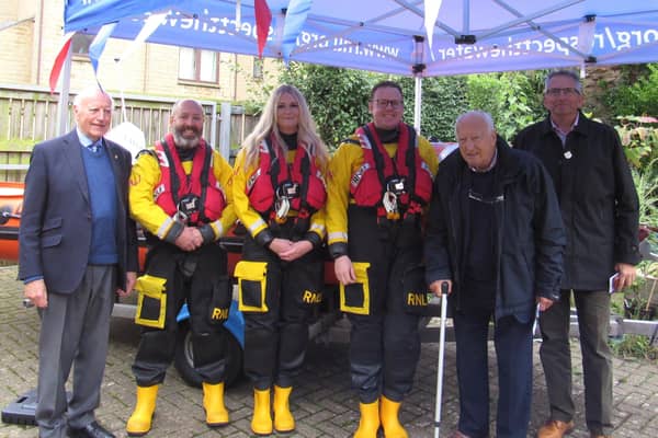 Eyemouth RNLI volunteer crew pictured with Ian Stewart, David Rose and Simon Browne. Picture courtesy of the RNLI.
