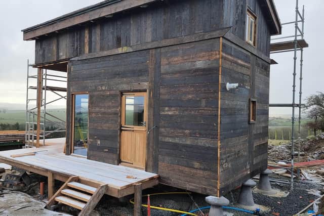 A new Swiss-style shepherds hut is under construction at Prendwick Farm.