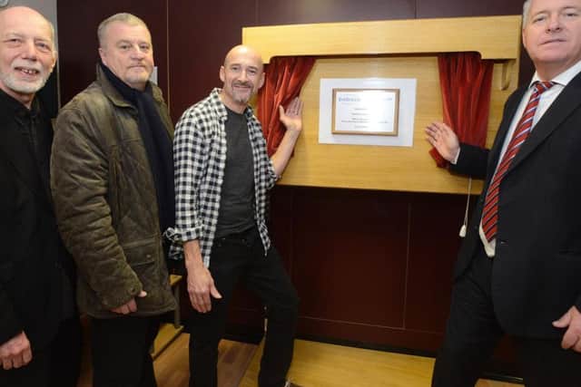 Lindisfarne members Paul Clements, Paul Thompson and Dave Hull-Denholm with Ian Lavery MPat the opening of the new MRI scanner at Wansbeck Hospital.
 Picture by Jane Coltman