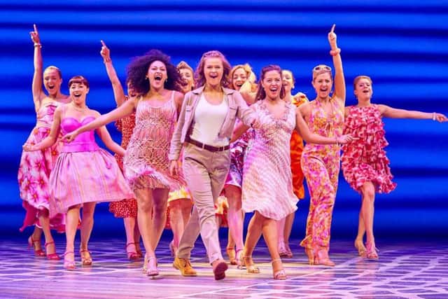 Lucy May Barker (Sophie) and the girls in Mamma Mia! UK Tour 2017. Photo by Brinkhoff M+genburg