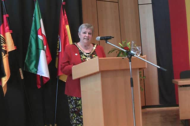 Mayor of Alnwick, Lynda Wearn, makes a speech in Voerde.