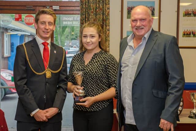 Bobbie Griffiths collects her award at the ceremony, which took place at Morpeth Rugby Club. Picture by Darren Turner.