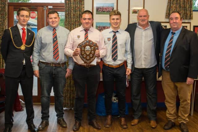 The Mayor and Kevin Carr with Morpeth RFC Reivers representatives at the awards ceremony. Picture by Darren Turner.