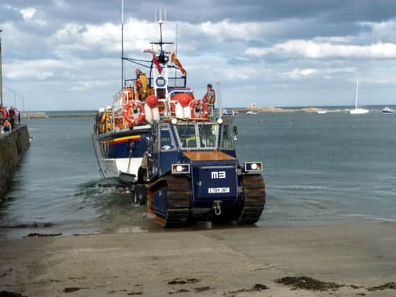 Seahouses RNLI all-weather lifeboat launches during it's recruitment day.