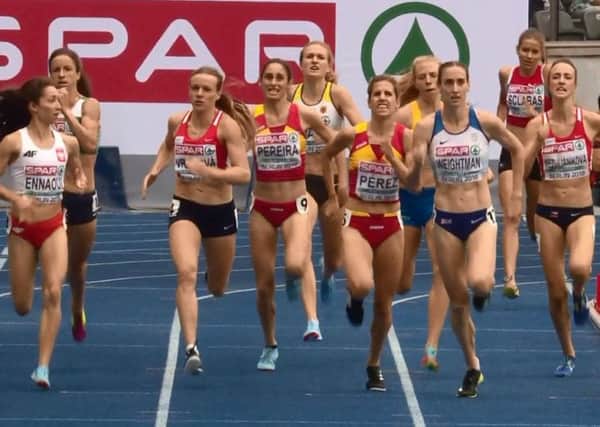 Laura Weightman (blue and white vest) on the home straight in her heat this morning. Picture taken from the BBC