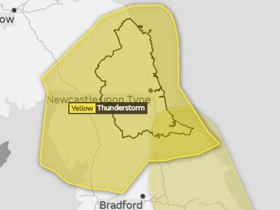 The area covered by the yellow warning of thunderstorms.
