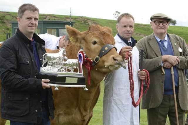 The cattle championship went to Frazer  Cormack from Greenlaw, Duns, seen with sponsor Liam McLaren from McLaren Engineering and Duncan Davidson. Picture by Jane Coltman