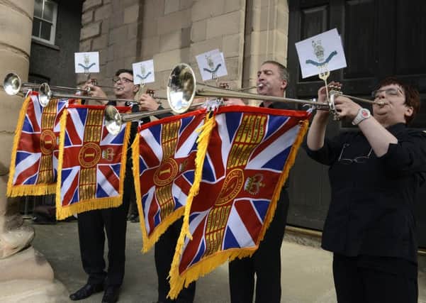 The newly-restored ceremonial fanfare trumpets of the Kings Own Scottish Borderers.